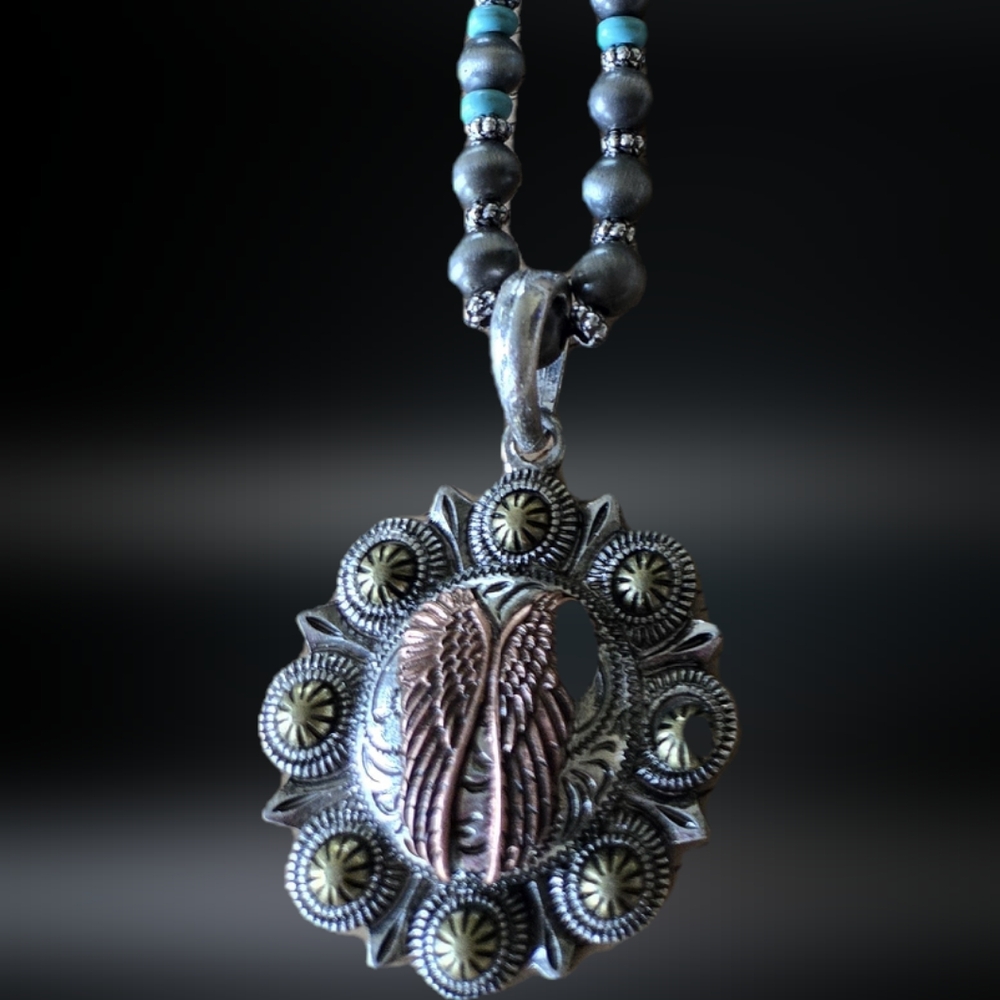 Silver and Turquoise Pendant Necklace - Concho With Wings